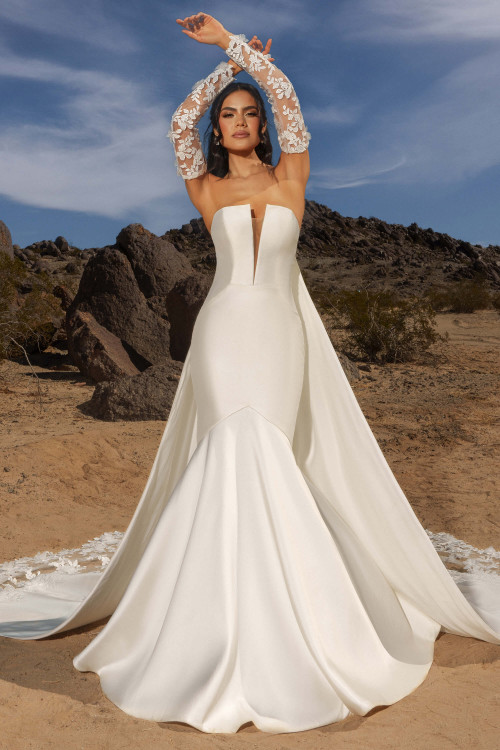 Front view of Kitty Chen Oriana mermaid gown with strapless neckline and mikado fabric Front view of Kitty Chen Oriana mermaid gown with strapless neckline and mikado fabric