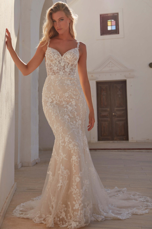 Front view of Faviana by Madison James showing lace fit-and-flare silhouette with illusion bodice Front view of Faviana by Madison James showing lace fit-and-flare silhouette with illusion bodice