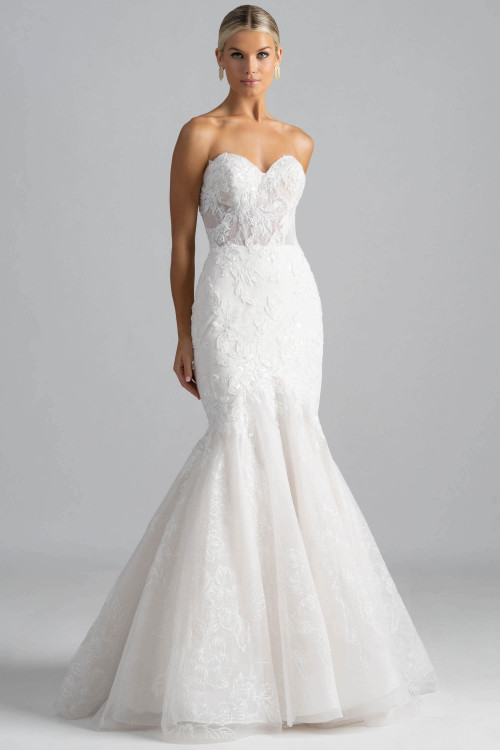 Front view of Fayra by Madison James showing strapless sweetheart neckline and lace mermaid silhouette. Front view of Fayra by Madison James showing strapless sweetheart neckline and lace mermaid silhouette.