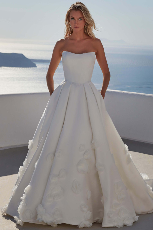 Strapless variation of Fenella by Madison James, mikado bodice with full ball gown skirt with 3D floral appliques Strapless variation of Fenella by Madison James, mikado bodice with full ball gown skirt with 3D floral appliques