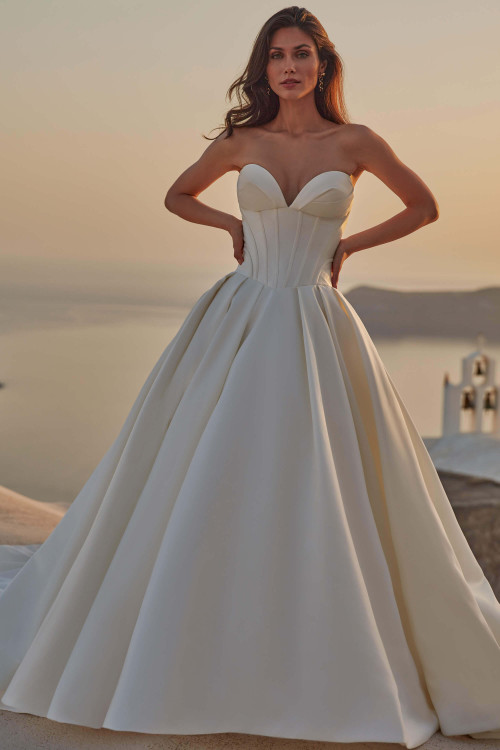 Front view of Fialma by Madison James, strapless satin ball gown with corset bodice Front view of Fialma by Madison James, strapless satin ball gown with corset bodice