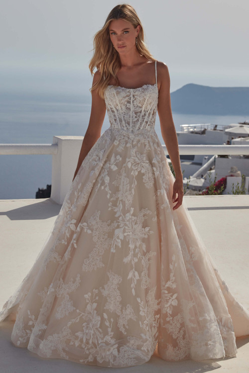 Madison James Fletcher MJ1112 front—ballgown with illusion corset bodice, floral lace appliqués, and spaghetti straps Madison James Fletcher MJ1112 front—ballgown with illusion corset bodice, floral lace appliqués, and spaghetti straps