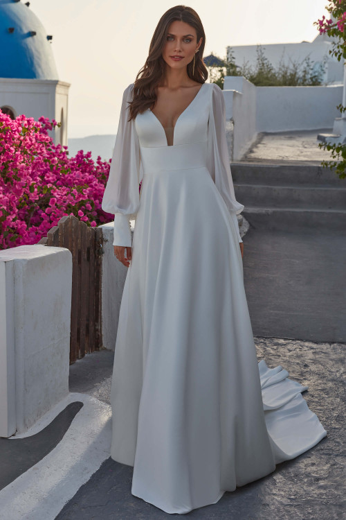 Front view of Francine MJ1107 by Madison James in ivory/nude showing V-neck A-line silhouette Front view of Francine MJ1107 by Madison James in ivory/nude showing V-neck A-line silhouette