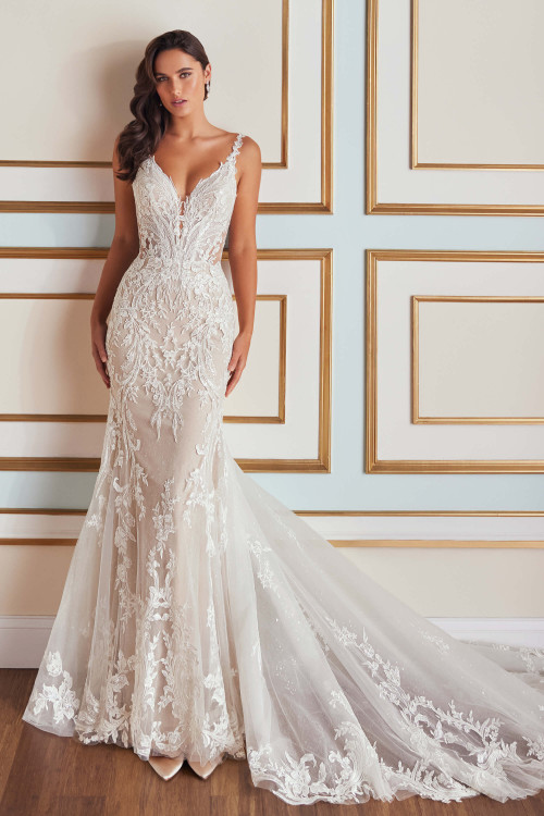 Front view of Martin Thornburg MT5106 mermaid gown with plunging V-neckline and lace appliques.