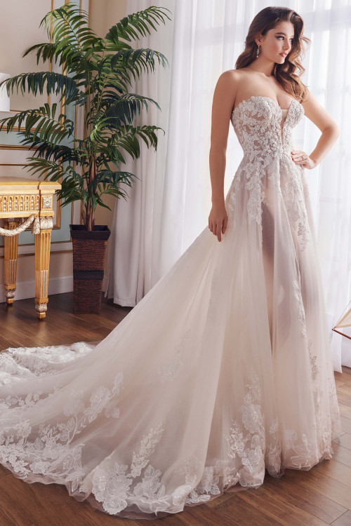 Front view of Martin Thornburg MT5111 A-line gown with sweetheart neckline and lace appliques.