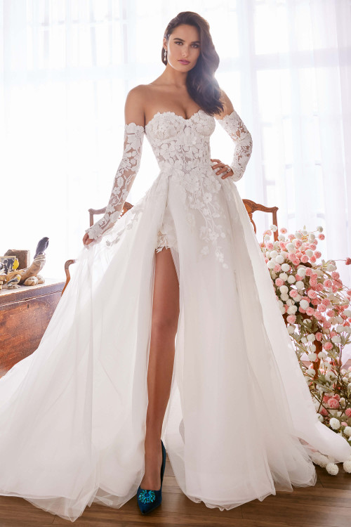 Front view of Martin Thornburg MT5114 ball gown with sweetheart neckline, lace bodice, and thigh-high slit. Front view of Martin Thornburg MT5114 ball gown with sweetheart neckline, lace bodice, and thigh-high slit.