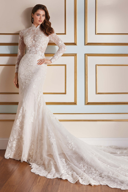 Front view of Martin Thornburg MT5118 fit-and-flare gown with mandarin collar and lace sleeves. Front view of Martin Thornburg MT5118 fit-and-flare gown with mandarin collar and lace sleeves.
