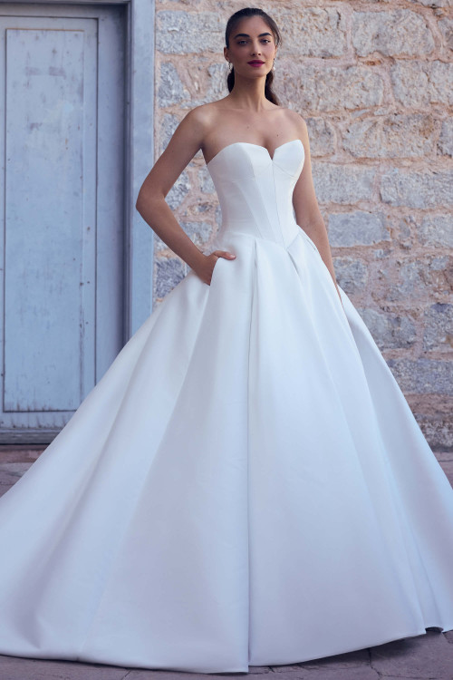 Full front view of Sophia Tolli Y3182A showing a strapless sweetheart pearl mikado bodice and paneled ball gown skirt. Full front view of Sophia Tolli Y3182A showing a strapless sweetheart pearl mikado bodice and paneled ball gown skirt.