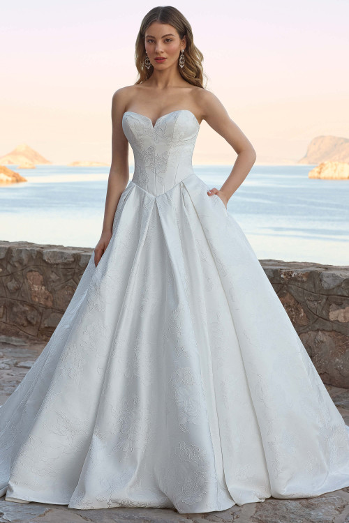 Full front view of Sophia Tolli Y3182B showing strapless sweetheart bodice, natural waist, and paneled jacquard ball gown skirt Full front view of Sophia Tolli Y3182B showing strapless sweetheart bodice, natural waist, and paneled jacquard ball gown skirt