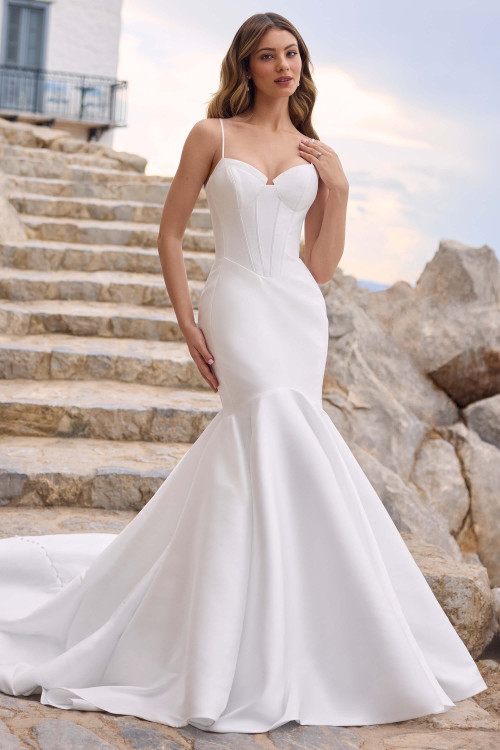 Full front view of Sophia Tolli Y3192, a pearl mikado mermaid gown with sweetheart neckline, corset bodice, and spaghetti straps Full front view of Sophia Tolli Y3192, a pearl mikado mermaid gown with sweetheart neckline, corset bodice, and spaghetti straps