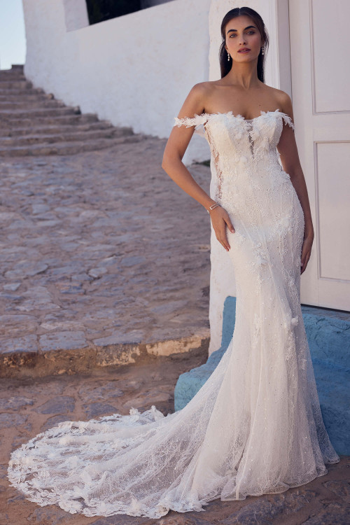 Full front view of Sophia Tolli Y3194 a fit-and-flare lace gown with off-the-shoulder floral straps, sheer corset bodice, and chapel-length lace train.