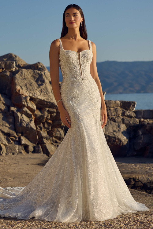 Front view of the Sophia Tolli Y3196 “Sigorni” gown on a model, showing the fit-and-flare silhouette with scooped neckline and beaded trim Front view of the Sophia Tolli Y3196 “Sigorni” gown on a model, showing the fit-and-flare silhouette with scooped neckline and beaded trim