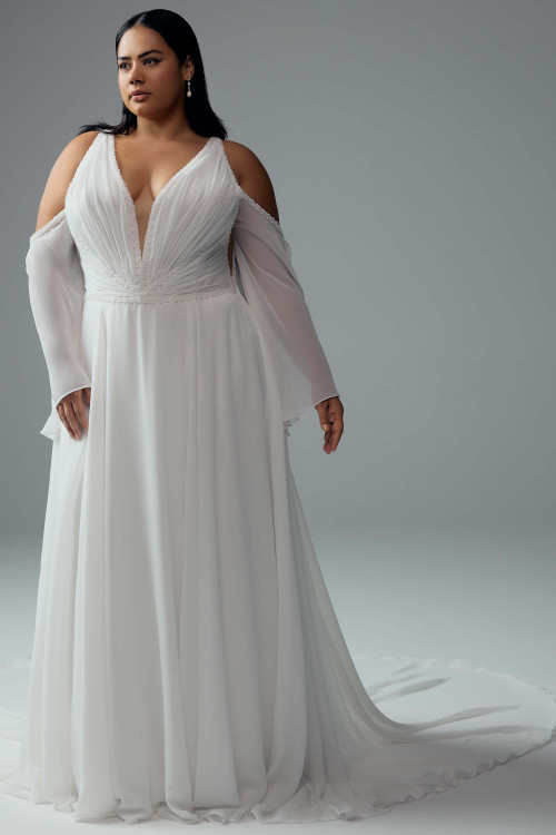 Front view of Y3181: flowing chiffon A-line, deep V-neck, detachable cold-shoulder bell sleeves, and natural waist Front view of Y3181: flowing chiffon A-line, deep V-neck, detachable cold-shoulder bell sleeves, and natural waist