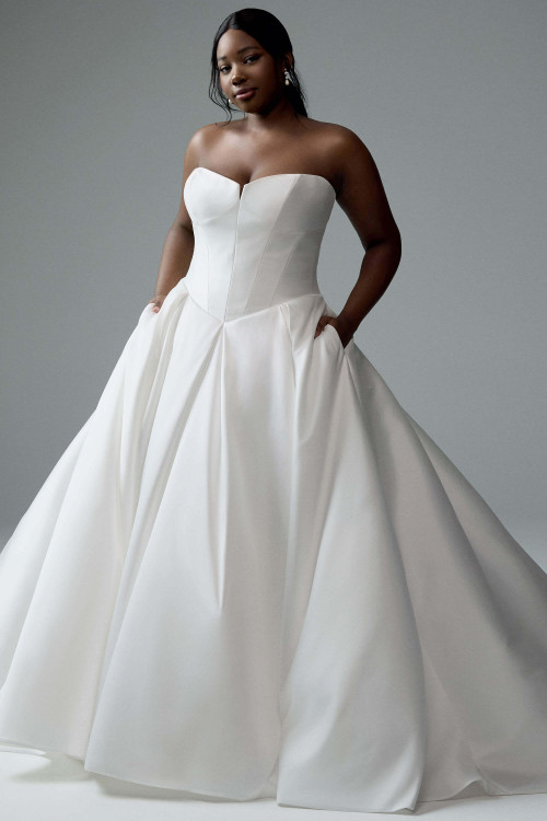 Full front view of Sophia Tolli Y3182A showing a strapless sweetheart pearl mikado bodice and paneled ball gown skirt.