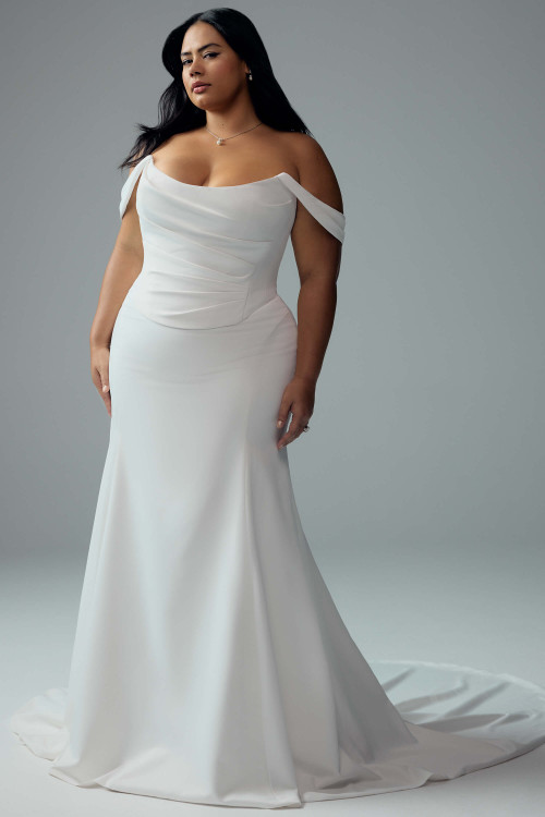 Front view of Sophia Tolli Y3189 gown is a matte satin sheath silhouette, scoop neckline and draped bodice with detachable off-shoulder straps.