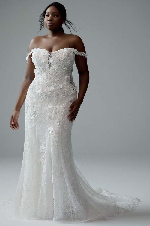 Full front view of Sophia Tolli Y3194 a fit-and-flare lace gown with off-the-shoulder floral straps, sheer corset bodice, and chapel-length lace train. Full front view of Sophia Tolli Y3194 a fit-and-flare lace gown with off-the-shoulder floral straps, sheer corset bodice, and chapel-length lace train.