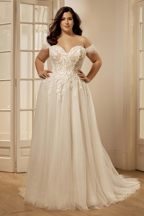 Front view of the Portrait by Enzoani Bernadine plus-size A-line gown with sweetheart neckline and glitter tulle skirt. Front view of the Portrait by Enzoani Bernadine plus-size A-line gown with sweetheart neckline and glitter tulle skirt.