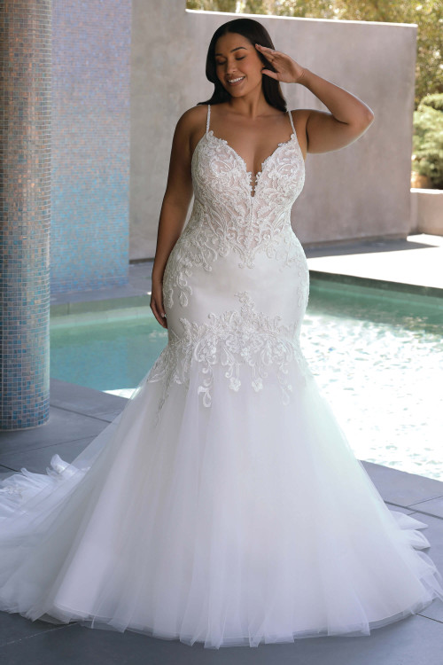 Front view of the Portrait by Enzoani Selene plus-size mermaid gown with plunging sweetheart neckline and beaded straps. Front view of the Portrait by Enzoani Selene plus-size mermaid gown with plunging sweetheart neckline and beaded straps.
