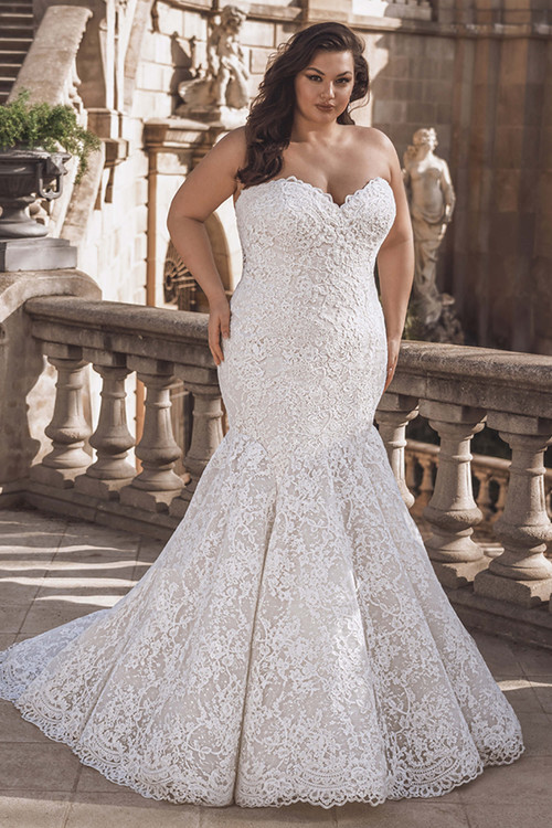 Front view of the Portrait by Enzoani Veronika plus size gown in lace trumpet silhouette. Front view of the Portrait by Enzoani Veronika plus size gown in lace trumpet silhouette.