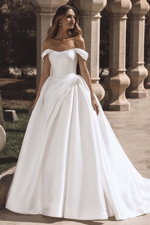 Front view of Enzoani Viviana wedding gown in mikado satin with scoop neckline. Front view of Enzoani Viviana wedding gown in mikado satin with scoop neckline.