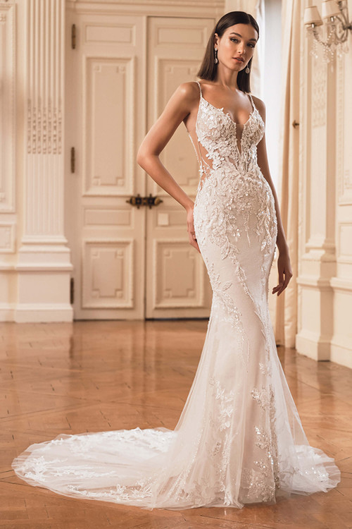 ÉLYSÉE Feliciana wedding gown front view with plunging V-neckline and lace details ÉLYSÉE Feliciana wedding gown front view with plunging V-neckline and lace details