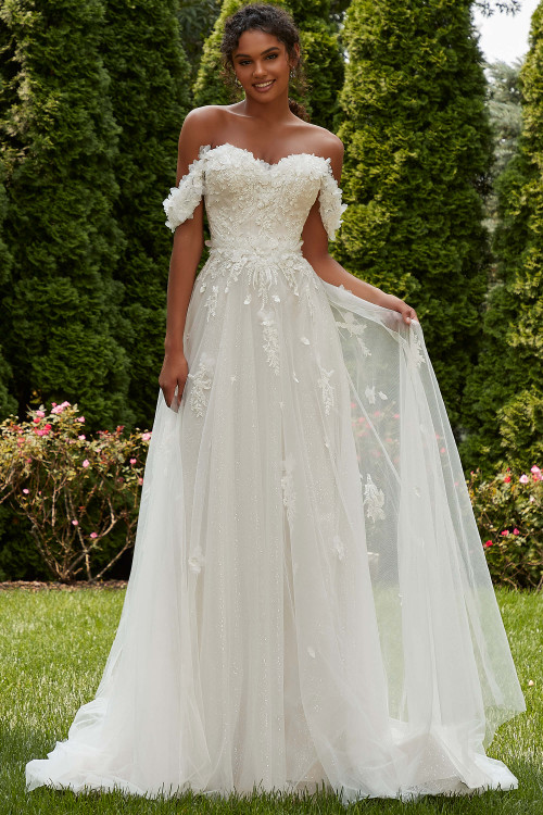 Front view of Morilee Petunia A-line gown with sweetheart neckline and floral details. Front view of Morilee Petunia A-line gown with sweetheart neckline and floral details.