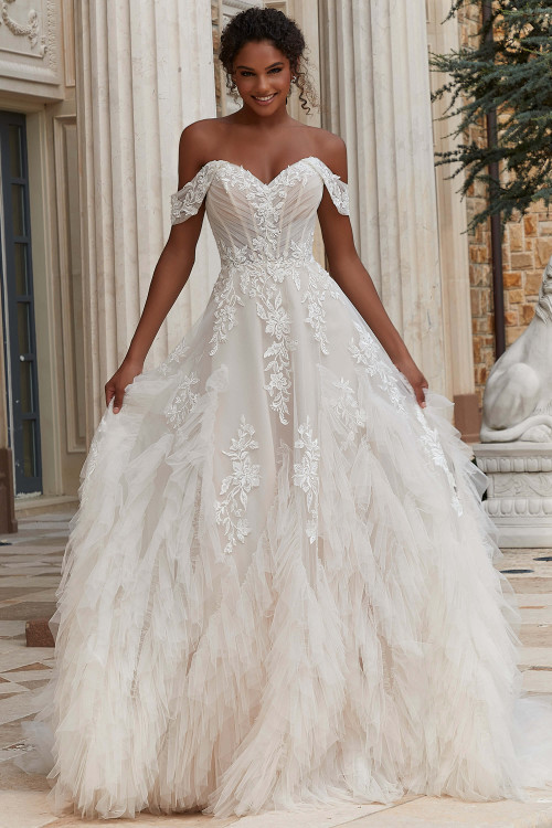 Front view of Morilee Phaedra ball gown with sweetheart neckline and off-the-shoulder straps. Front view of Morilee Phaedra ball gown with sweetheart neckline and off-the-shoulder straps.