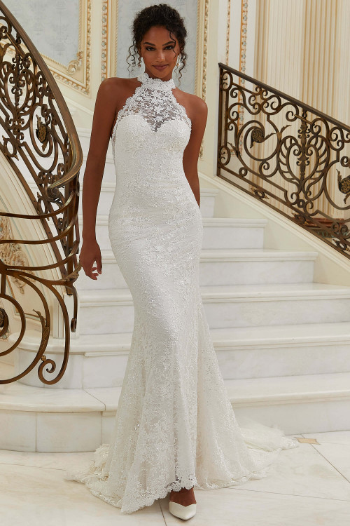 Front view of Morilee Paolina sheath gown with halter neckline and beaded embroidery.