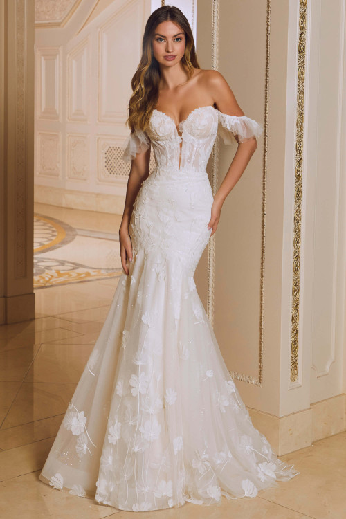 Front view of Morilee Rory mermaid gown with lace appliqués and flared skirt. Front view of Morilee Rory mermaid gown with lace appliqués and flared skirt.