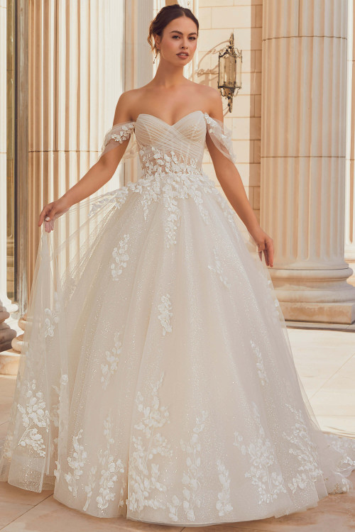 Front view of Morilee Rebecca ball gown with lace appliqués and sparkle tulle. Front view of Morilee Rebecca ball gown with lace appliqués and sparkle tulle.