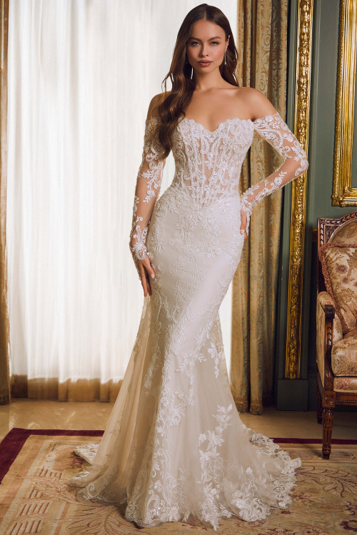 Front view of Morilee Rochelle fit-and-flare gown with lace appliqués and long sleeves. Front view of Morilee Rochelle fit-and-flare gown with lace appliqués and long sleeves.