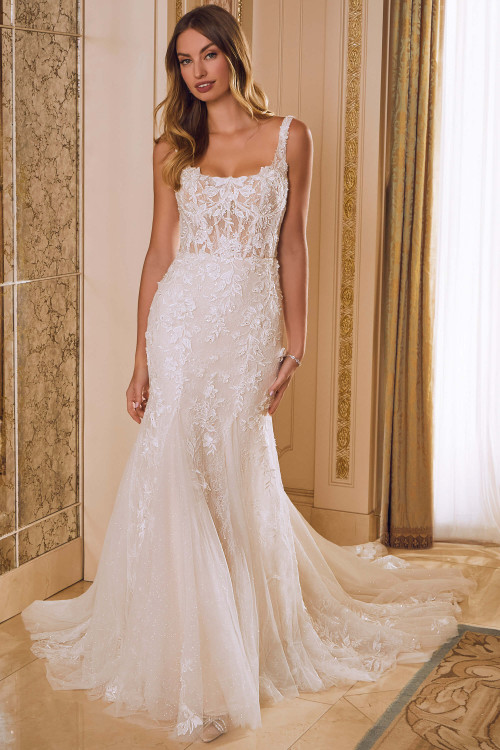 Front view of Morilee Rhea fit-and-flare gown with lace appliqués. Front view of Morilee Rhea fit-and-flare gown with lace appliqués.