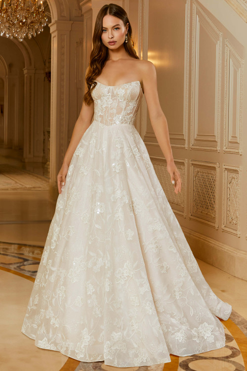 Front view of Morilee Rosalind A-line gown with pearl and crystal beading. Front view of Morilee Rosalind A-line gown with pearl and crystal beading.