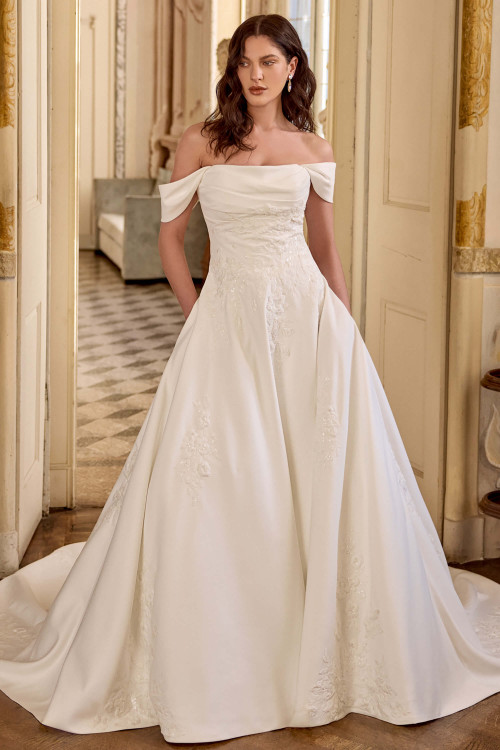 Justin Alexander Larissa A-line wedding dress in matte satin with scoop neckline and detachable off-the-shoulder straps.