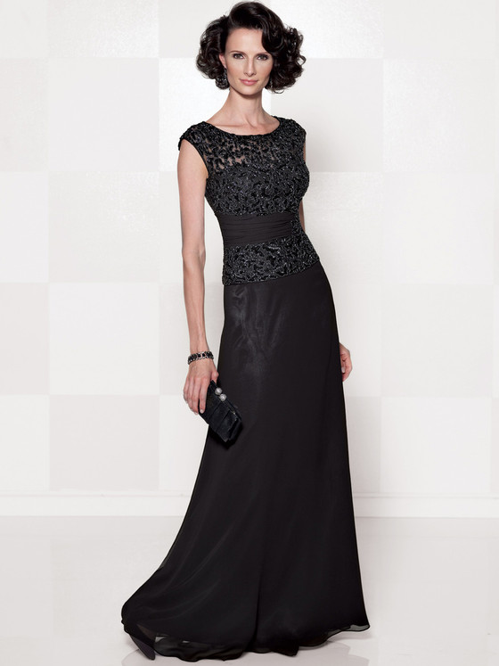 Front view of black Cameron Blake 114657 chiffon A-line mother of the bride dress