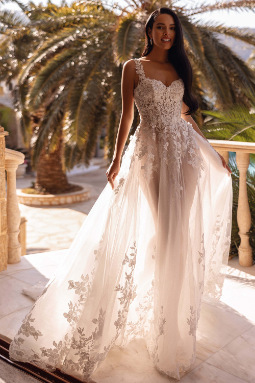 Demetrios 8269 beaded lace A-line gown with sweetheart neckline and sparkling tulle skirt, front view