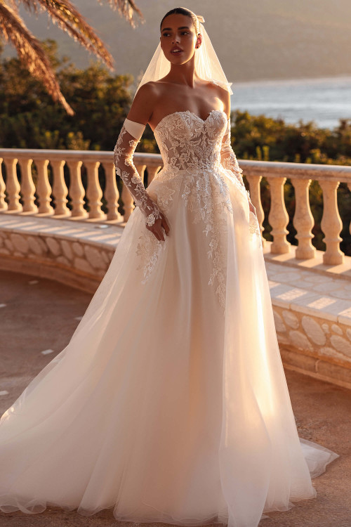 Demetrios 8273 beaded lace A-line gown with sweetheart neckline styled with sleeves SL110, front view