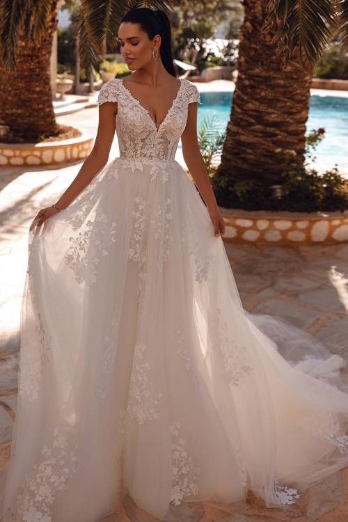 Demetrios 8274 embroidered lace A-line gown with V-neckline and cap sleeves, front view