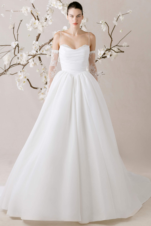Morilee Eleve wedding gown front view with scoop neckline and full faille skirt