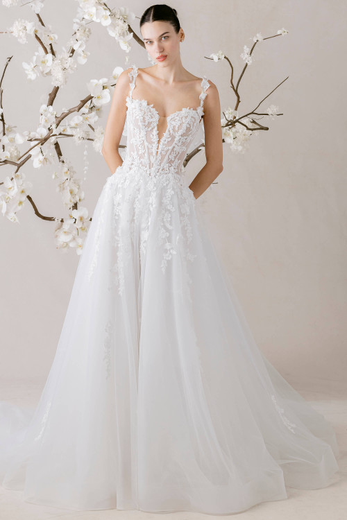 Morilee Yvette wedding gown front view with plunging sweetheart neckline and A-line skirt