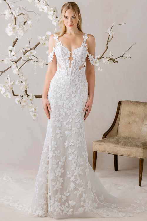 Morilee Assemble wedding gown front view with plunging neckline and lace fit and flare silhouette