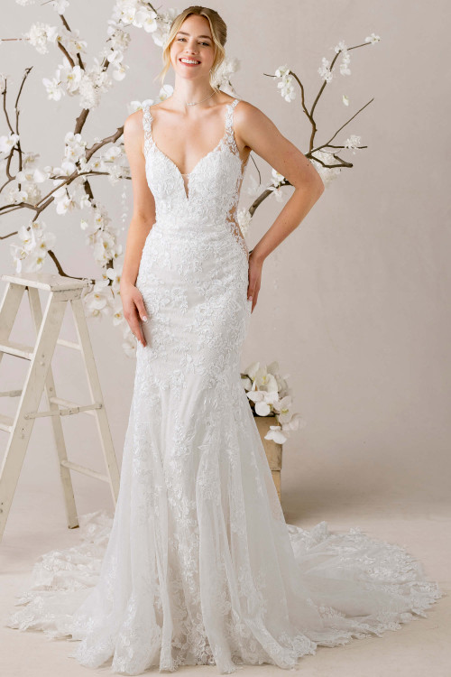 Morilee Maris wedding gown front view with sweetheart neckline and lace fit and flare silhouette