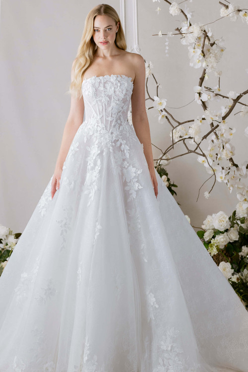 Morilee Alina wedding gown front view with strapless neckline and ball gown silhouette