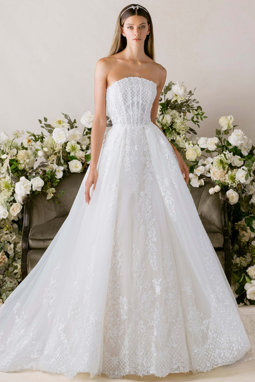 Morilee Carlotta wedding gown front view with crescent neckline and ball gown silhouette