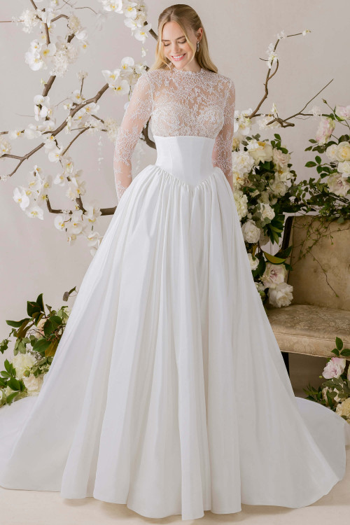 Morilee Vittoria wedding gown with lace mini dress and detachable overskirt