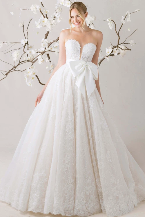 Morilee Elara wedding gown front view with strapless sweetheart neckline and ball gown skirt
