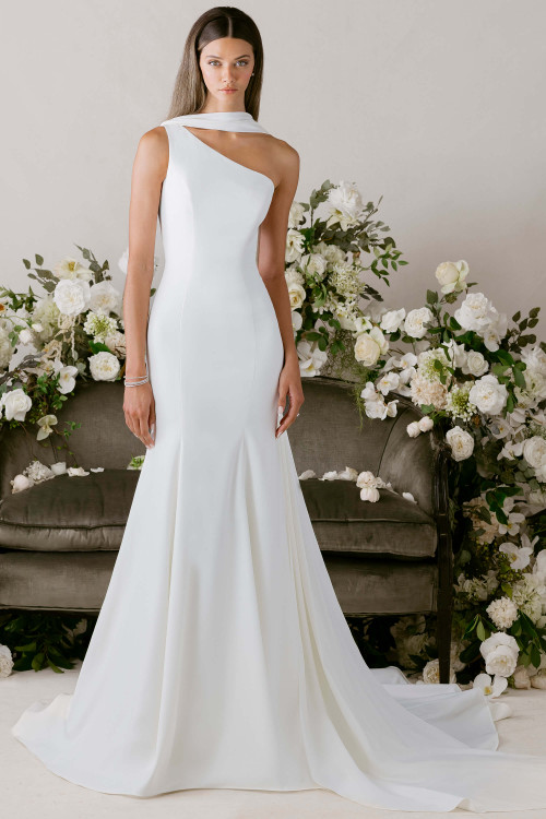 Morilee Skyler Wedding Dress front view ivory one shoulder mermaid silhouette