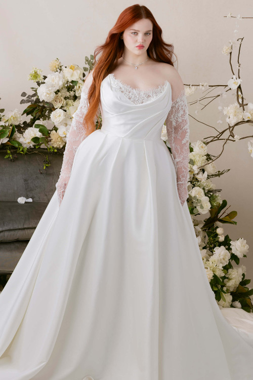 Morilee Rosalia plus size ball gown front view with scoop neckline and pleated skirt
