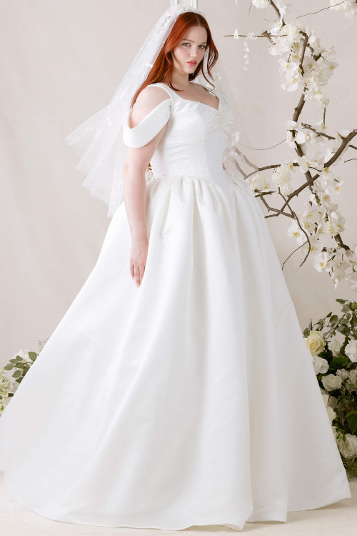 Morilee Marliia plus size ball gown front view with ruched bodice and full skirt