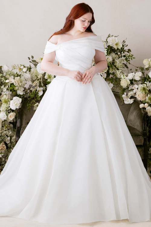 Morilee Alora plus size full view with detachable stole and crystal belt